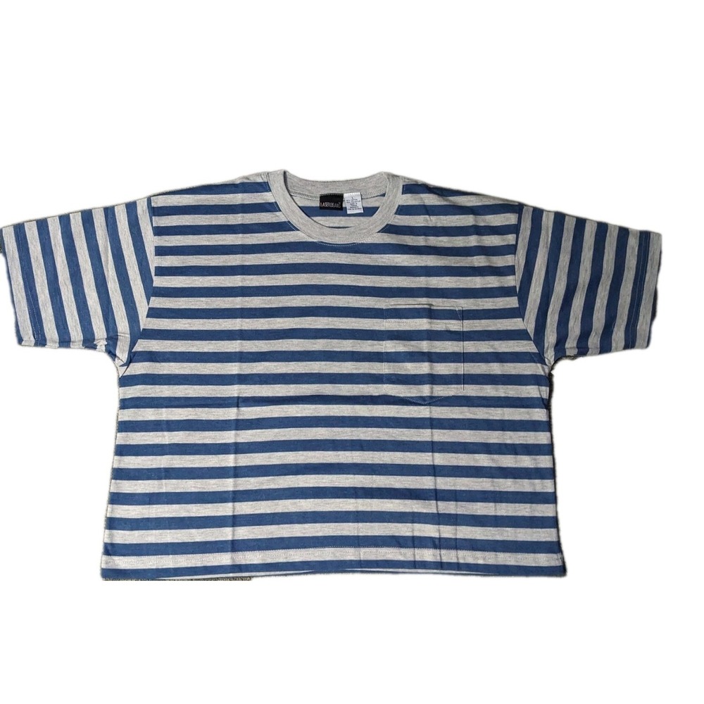 Vtg Shirt Crop‎ Top Women's Large Tee Shirt Striped Gray NOS 80's Short Sleeves